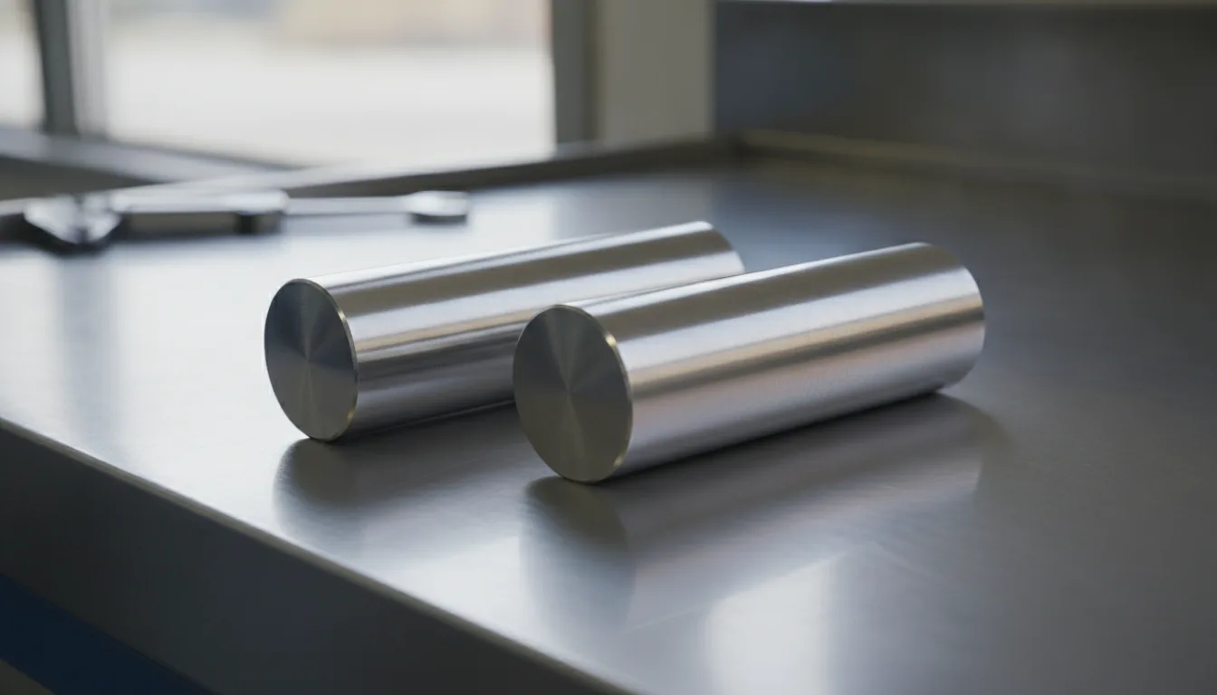 A side-by-side comparison of 304 and 316 stainless steel components on an industrial workbench