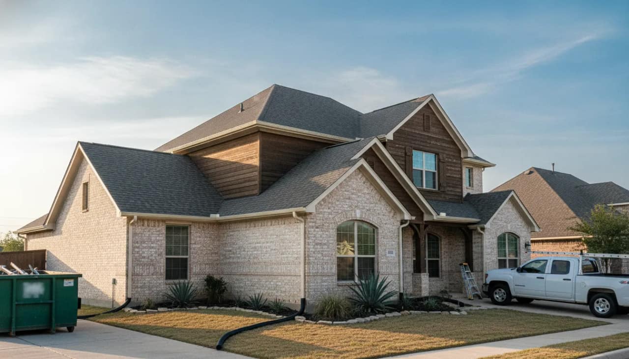 Residential gutter installation services on a Texas home