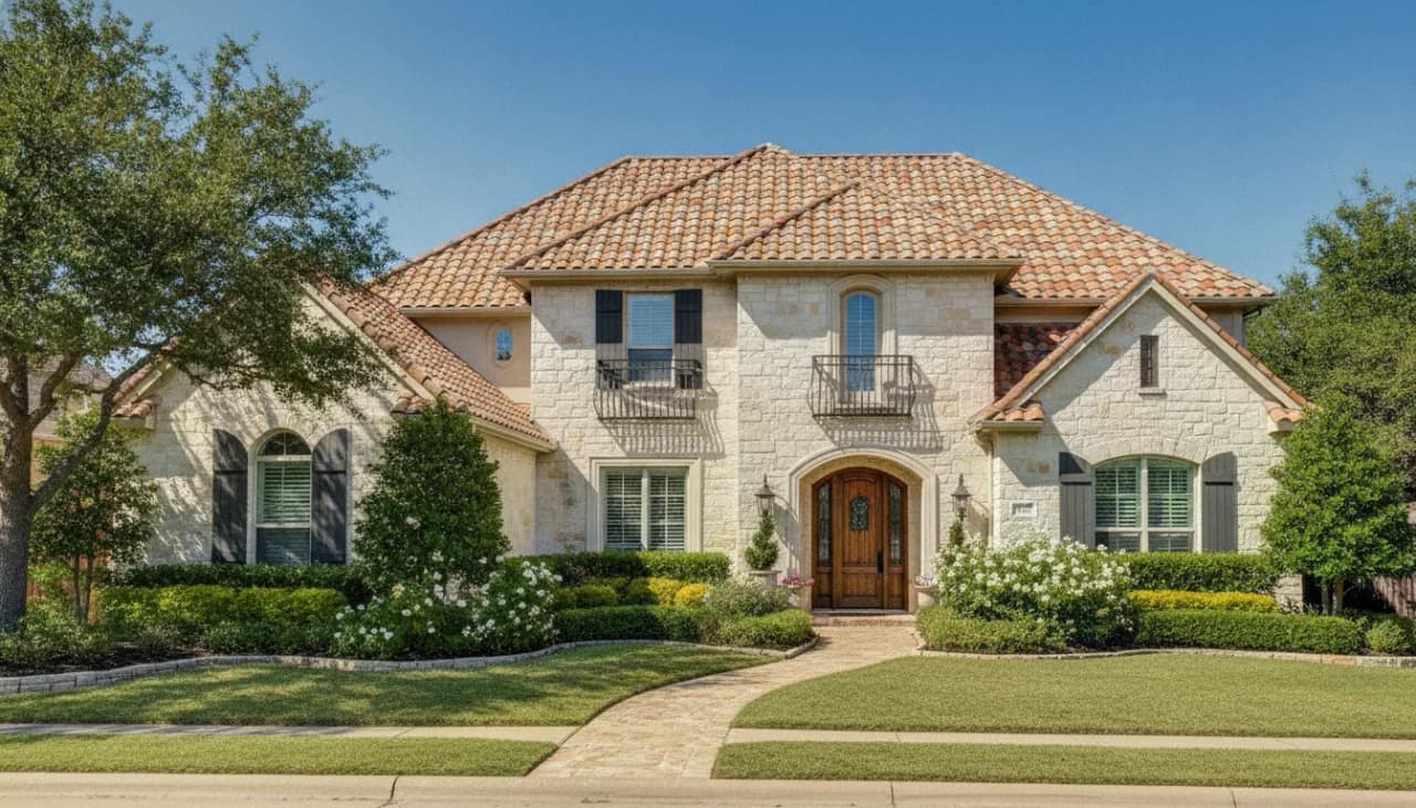 Two-story Texas home with a clay tile roof