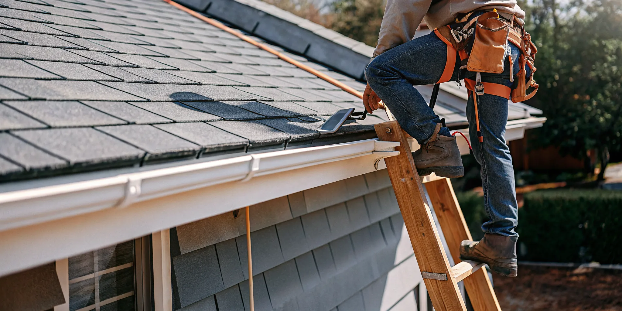 Professional roofer inspecting a tile roof in Austin with proper safety equipment